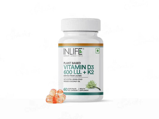 Inlife Plant Based Vitamin D3 600 I.U. + K2 Liquid Filled Vegetarian Capsule(60 Capsules)